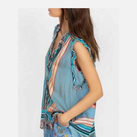 Johnny Was Ophelia Silk Striped Printed Flowy Oversized Blue Blouse Size S - Picture 2 of 14